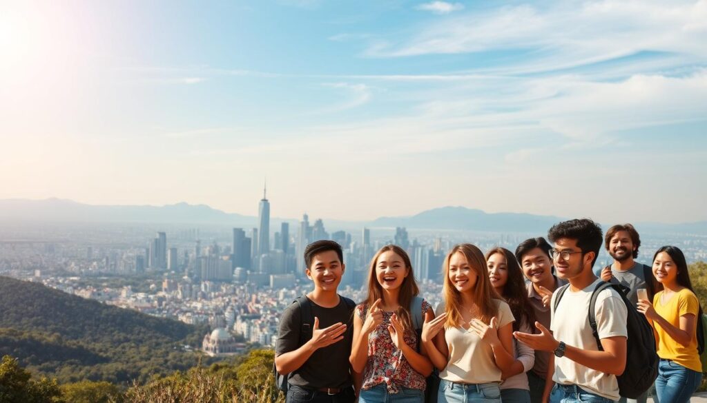 A breathtaking vista of a vibrant, modern city skyline against a backdrop of rolling hills and a serene blue sky. In the foreground, a group of diverse young students, dressed in casual attire, stand together, their faces alight with excitement and curiosity. They gesture animatedly, sharing ideas and experiences, conveying the sense of cultural exchange and personal growth that comes with studying abroad. The scene is illuminated by warm, golden sunlight, creating a sense of optimism and opportunity. The overall impression is one of boundless possibilities, personal transformation, and the enriching, life-changing experience of international education.