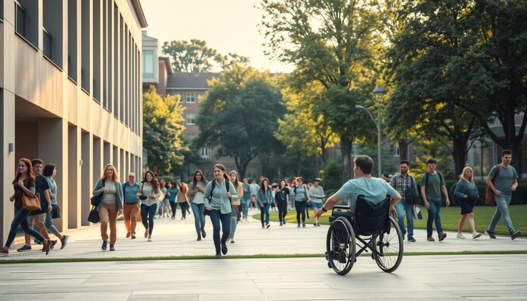 A bustling university campus, with a diverse array of students navigating through the grounds. In the foreground, a student in a wheelchair struggles to access a building, highlighting the challenges faced by those with disabilities. The middle ground showcases a mix of modern and traditional architecture, hinting at the blend of old and new that characterizes the institution. In the background, towering trees and vibrant greenery create a serene and welcoming atmosphere, but also draw attention to the need for inclusive infrastructure. Warm, natural lighting casts a soft glow over the scene, emphasizing the inclusive spirit that should permeate the campus. The overall mood is one of determination and the pursuit of equal opportunity, reflecting the desire to create a truly inclusive higher education environment.