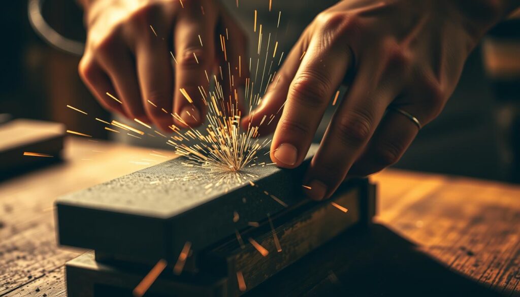A close-up shot of two hands intently sharpening a whetstone, creating a shower of sparks. The foreground features the tactile, focused movement of the hands, while the background is blurred, conveying a sense of isolation and intense concentration. Warm, golden lighting casts dramatic shadows, heightening the sense of effort and determination. The image suggests the dedicated process of honing and refining one's soft skills, transforming raw potential into a razor-sharp edge.