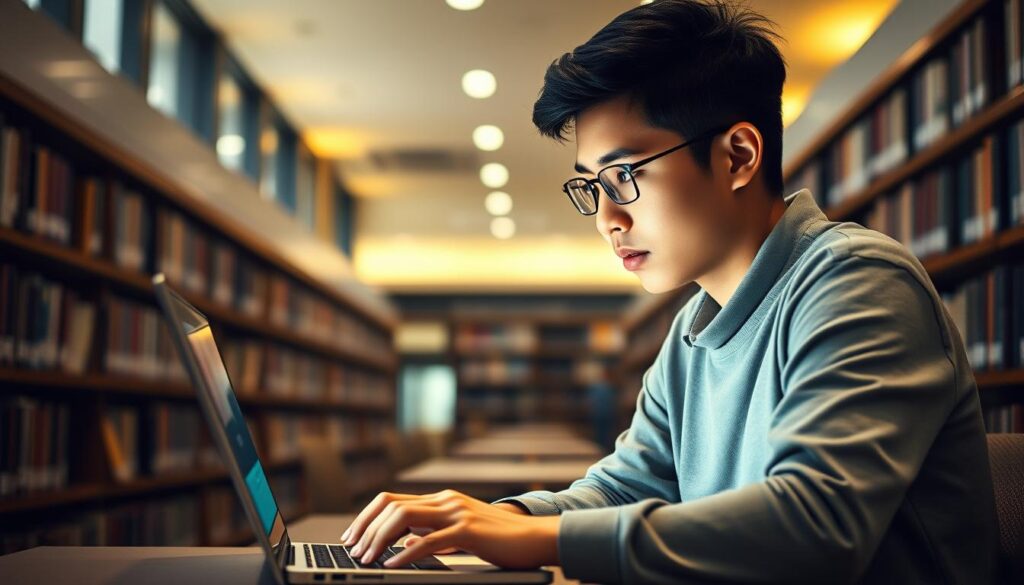A college student engrossed in a digital conversation, their face illuminated by the soft glow of a laptop screen. The background is a modern university library, with rows of books lining the shelves and a warm, diffused lighting creating an atmosphere of focused study. The student's posture reflects deep concentration, their hands poised over the keyboard, conveying the importance of honing effective communication skills in the digital age. The image captures the essence of the "Keterampilan Komunikasi" - the vital ability to navigate and thrive in the ever-evolving landscape of digital literacy.
