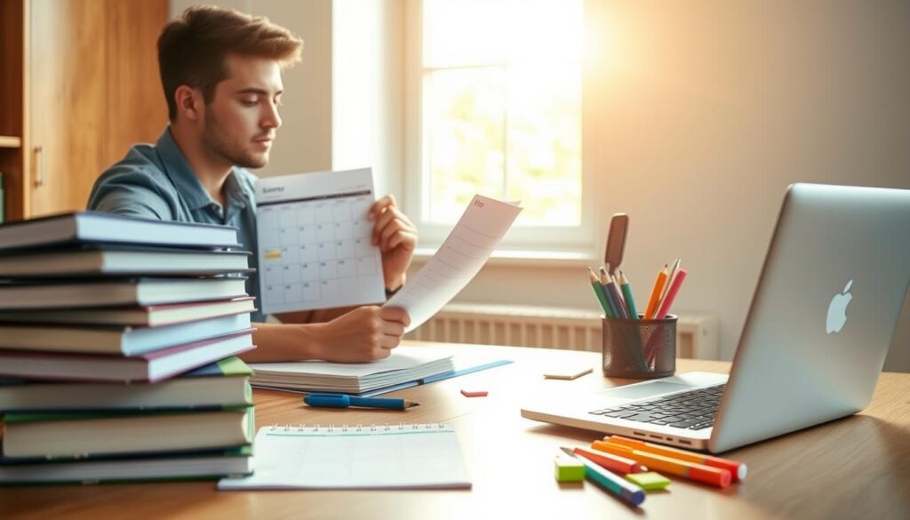 A college student sits at a wooden desk, intently studying a calendar and to-do list. Soft natural light filters through a window, casting a warm glow on the scene. Stacks of textbooks and a laptop occupy the foreground, symbolizing the academic priorities. In the middle ground, a neatly organized workspace with pens, highlighters, and sticky notes reflects the student's effort to manage their time effectively. The background depicts a serene, minimalist office environment, hinting at the need to find balance between studies and extracurricular commitments. The overall mood is one of focus, organization, and determination to set priorities and make the most of the academic experience.