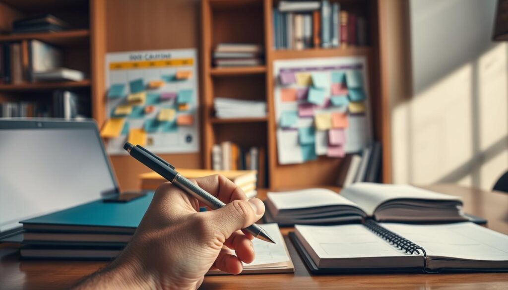 A college student's desk, organized with textbooks, laptop, and a planner, bathed in warm, focused lighting. In the foreground, a hand holds a pen, poised to note down tasks and deadlines. The middle ground features a wall calendar, color-coded with study sessions, meetings, and social events. In the background, a bookshelf holds reference materials, creating a sense of academic discipline. The overall atmosphere conveys a harmonious balance between productivity and well-being, reflecting an effective time management strategy for the studious, yet mindful, university learner.
