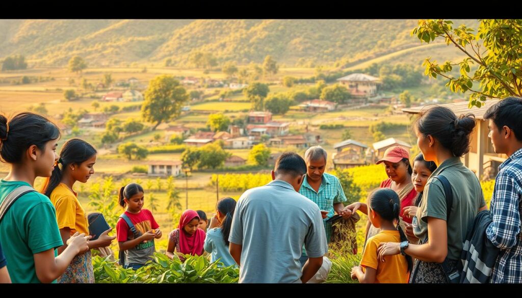 A community service-based educational program, depicted through a vibrant scene. In the foreground, students actively engage with local residents, sharing knowledge and experiences. The middle ground showcases the diverse activities, from agricultural workshops to infrastructure projects, all united in the spirit of service. In the background, a picturesque village landscape unfolds, with traditional architecture and lush greenery, symbolizing the integration of the program within the community. Warm, golden lighting illuminates the scene, evoking a sense of warmth and collaboration. The composition emphasizes the collaborative nature of the program, with individuals of all ages working together towards a common goal of bettering their community.