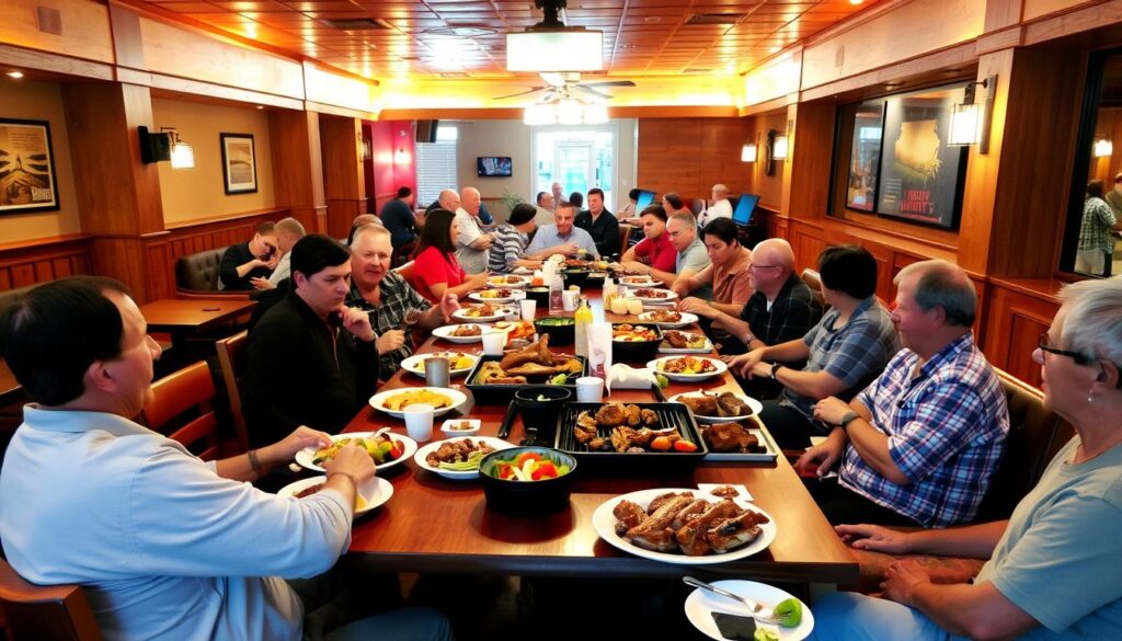 A cozy, inviting dining scene at a family-friendly barbecue restaurant. In the foreground, a long wooden table is set with plates of grilled meats, vegetables, and side dishes, surrounded by comfortable chairs. In the middle ground, a large group of people of all ages are gathered, enjoying a lively meal together. The background features warm, soft lighting, natural wood accents, and a welcoming atmosphere. The overall mood is one of relaxation, togetherness, and the satisfying experience of an affordable, all-you-can-eat feast.