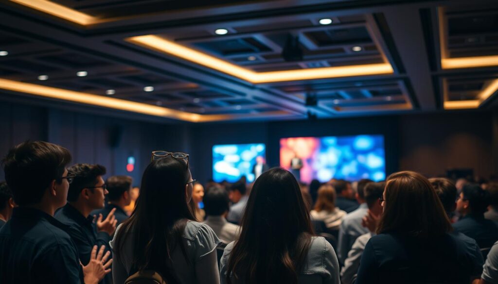 A dimly lit conference hall, the air thick with anticipation. In the foreground, a group of students engage in lively discussion, gesticulating animatedly as they exchange ideas. Mid-frame, a speaker stands at a podium, hands raised, delivering a captivating presentation with a visually striking slide deck behind them. The background is blurred, but hints at rows of attentive audience members, their faces illuminated by the soft glow of the overhead lighting. The scene conveys a sense of intellectual stimulation, fostering meaningful connections and potential career opportunities for the attendees.