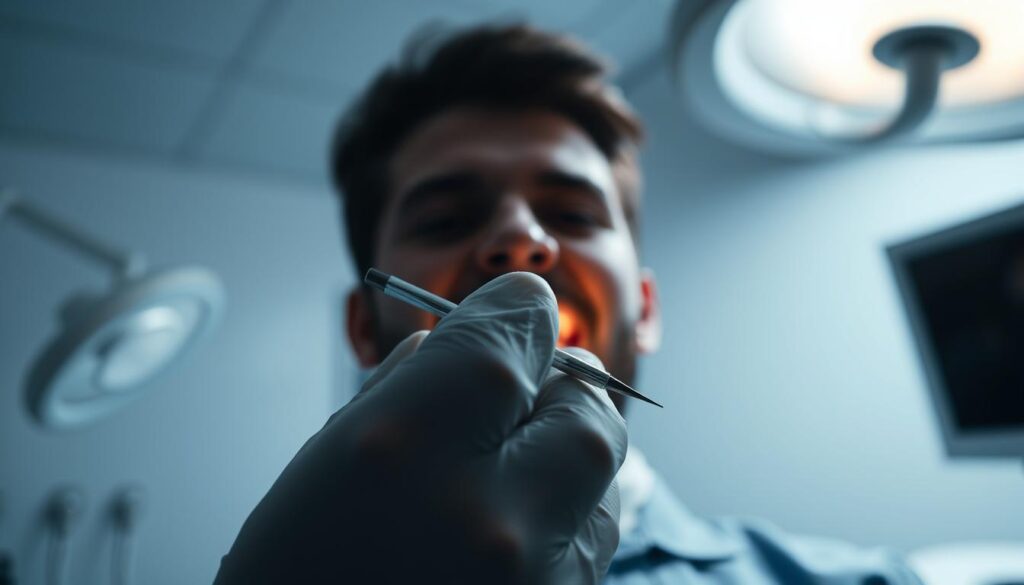 A dimly lit dental clinic, the focus on a close-up of a dentist's hand holding a dental tool, examining a patient's teeth. The patient's face is blurred in the background, creating a sense of privacy and professionalism. The clinic's sterile, modern interior is visible, with clean white walls and stainless steel equipment. Soft, directional lighting casts subtle shadows, adding depth and a sense of tension to the scene. The overall mood is one of careful attention and scientific rigor, reflecting the specialized nature of dental care.