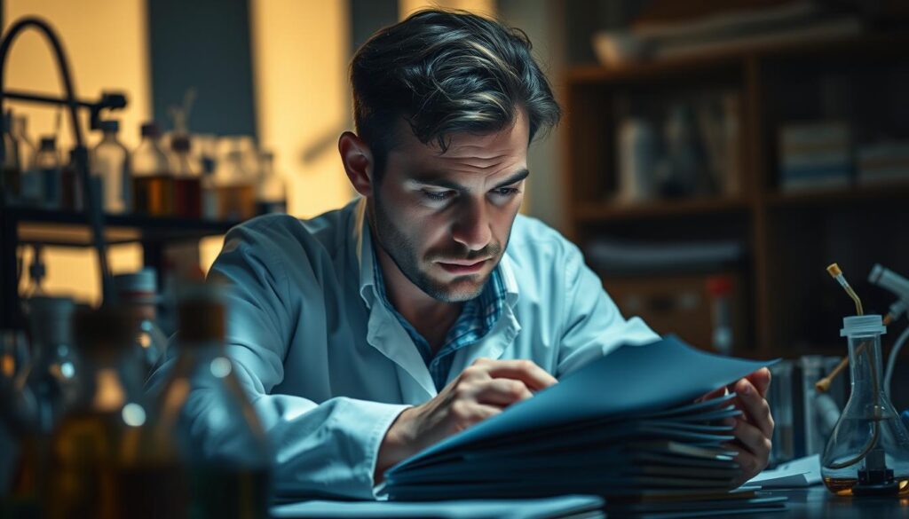 A dimly lit laboratory workspace, with a researcher deeply immersed in examining a complex problem. Beakers, test tubes, and scientific equipment litter the cluttered desk, creating an atmosphere of intense focus and inquiry. The researcher's brow is furrowed, their expression one of thoughtful contemplation as they pore over a stack of notes and research materials. Soft, warm lighting illuminates the scene, casting subtle shadows and highlighting the researcher's intense concentration. The background is blurred, emphasizing the importance of the task at hand and the researcher's dedication to unraveling the intricacies of the problem before them.