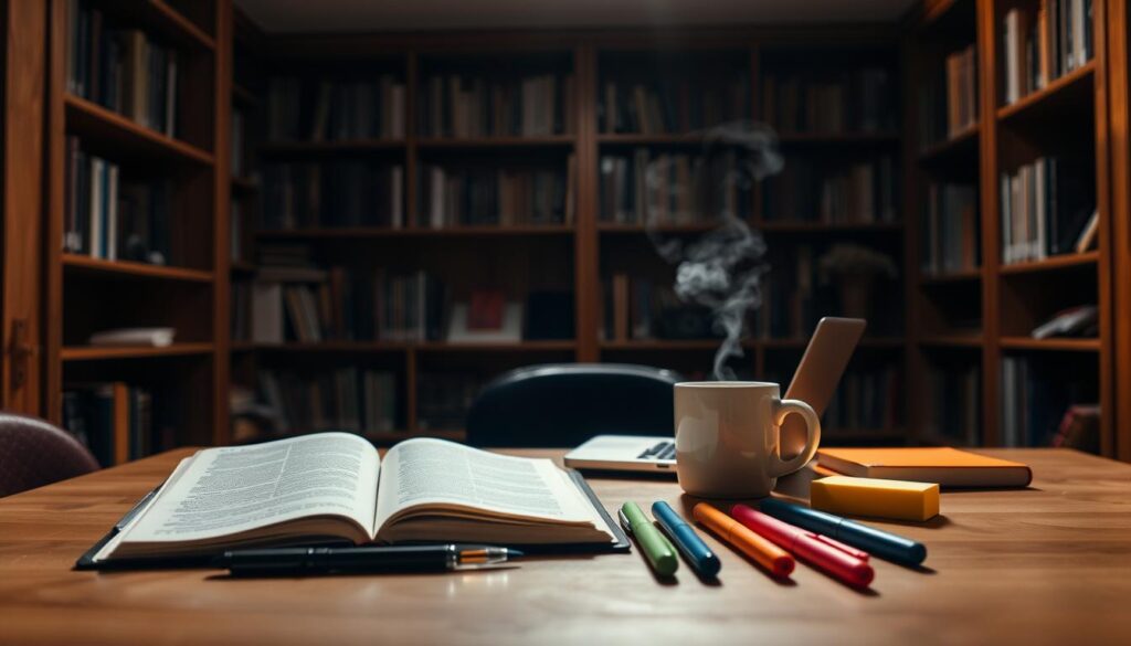 A dimly lit study room, wooden bookshelves lining the walls, creating a cozy and focused atmosphere. On the desk, an open textbook, a laptop, and a cup of steaming coffee, signifying a dedicated student deeply immersed in their studies. The lighting is warm and diffused, casting a soft glow over the scene, encouraging contemplation and concentration. In the foreground, a carefully curated array of stationery - pens, highlighters, and sticky notes - arranged with precision, hinting at a well-planned and organized study strategy. The overall scene conveys a sense of academic diligence and a commitment to personal growth and intellectual advancement.