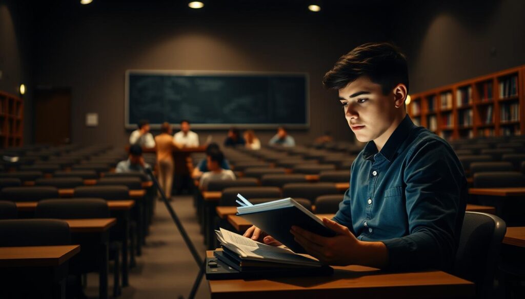 A dimly lit university lecture hall, with rows of desks and chairs arranged in an orderly fashion. In the foreground, a young student sits at a desk, organizing their notes and textbooks, their face illuminated by the soft glow of a laptop screen. In the middle ground, several other students are engaged in discussion, their expressions focused and intent. The background is hazy, with a chalkboard at the front of the room, and shelves of books lining the walls, creating a sense of academic focus and productivity. The lighting is warm and subdued, casting a contemplative mood over the scene. The overall composition conveys a sense of strategic planning and effective time management, with the student at the center of the frame serving as the focal point.