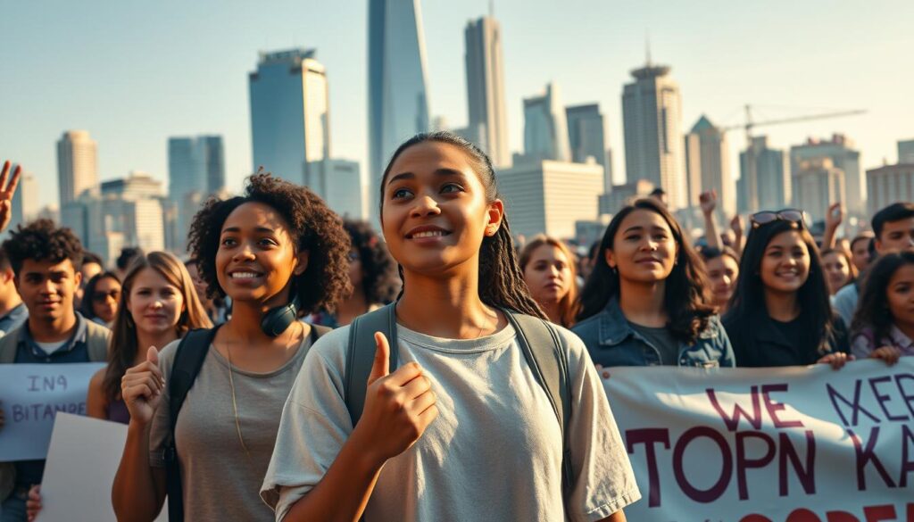 A group of determined university students, standing confidently against a backdrop of a bustling city skyline. The foreground features the students, their faces alight with passion and resolve, gesturing emphatically as they lead a peaceful protest. Mid-ground captures the diverse crowd of supporters, their signs and banners reflecting the students' call for social change. The background showcases the towering skyscrapers and infrastructure, symbolizing the institutions the students aim to transform. Warm, natural lighting illuminates the scene, casting a sense of hope and optimism. Crisp, cinematic quality with a wide-angle lens to convey the scale and energy of the moment.