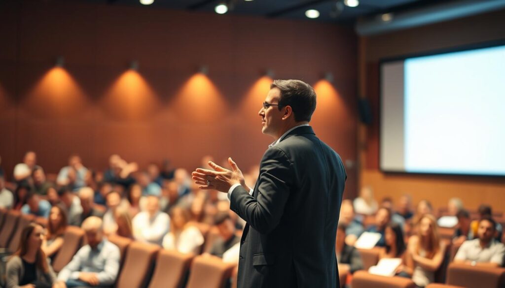 A lecture hall filled with attentive students, lit by warm, focused lighting. In the foreground, a presenter stands confidently, gesturing with expressive hands while maintaining eye contact. The middle ground showcases a clean, minimalist presentation display, conveying key points through clear, concise visuals. The background features a slightly blurred, yet elegant backdrop, creating a professional and engaging atmosphere. The overall mood is one of effective communication, active engagement, and a sense of productive learning.
