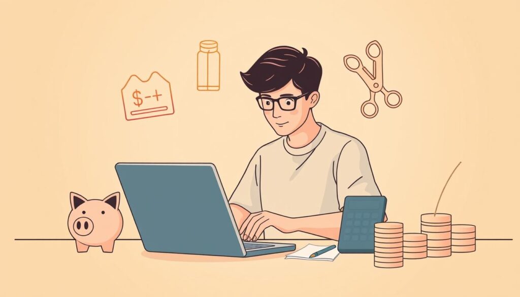 A minimalist, clean-lined illustration depicting a young adult student meticulously tracking expenses and budgeting on a laptop, surrounded by stylized visual metaphors for saving and cost-cutting - piggy bank, scissors, calculator, and neatly stacked coins. The scene is bathed in warm, soft lighting, conveying a sense of focus, organization, and financial responsibility. The composition is balanced, with the student as the central focal point, framed by the supporting visual elements in the middle ground and background. The overall mood is one of diligence, prudence, and a proactive approach to managing personal finances.