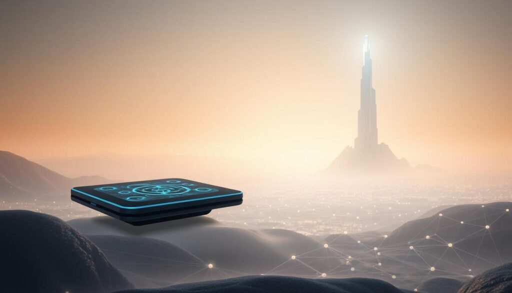 A serene digital landscape, where technology and ethics coexist in harmony. In the foreground, a sleek, futuristic device hovers, its interface glowing with intricate digital patterns. The middle ground features a network of interconnected nodes, representing the complex web of digital interactions. In the background, a towering, ethereal structure emerges, symbolizing the ethical frameworks that guide the digital world. Soft, diffused lighting casts a warm, contemplative glow, inviting the viewer to ponder the delicate balance between technological advancement and moral responsibility. The scene evokes a sense of wonder and mindfulness, reflecting the crucial role of digital ethics in shaping the future.