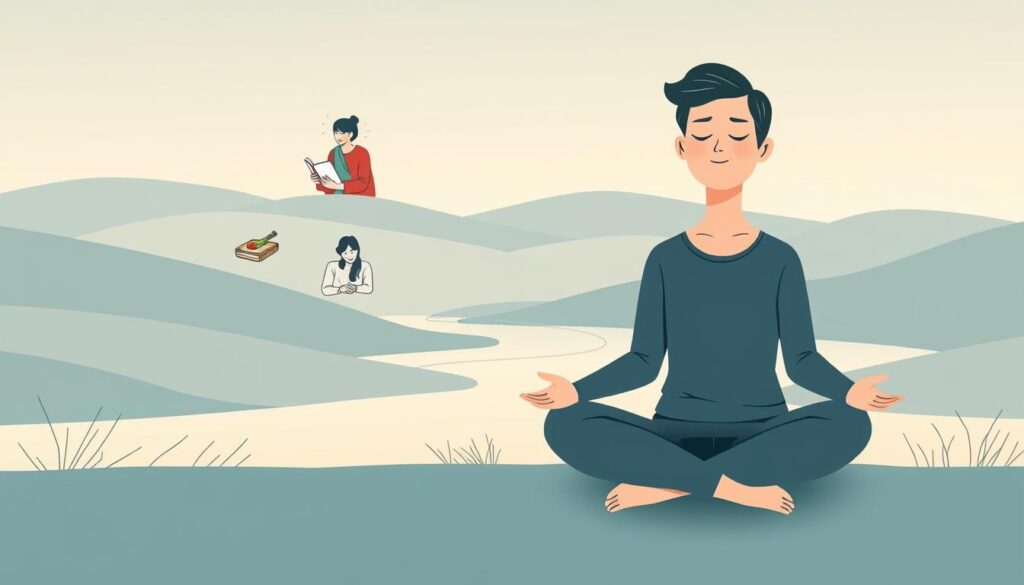 A serene, minimalist illustration depicting effective strategies to overcome burnout and stress. In the foreground, a person sits cross-legged, meditating with eyes closed, their face exuding calmness. The middle ground showcases various self-care activities like reading a book, enjoying a healthy meal, and engaging in light exercise. The background features a tranquil landscape with rolling hills, a calming river, and a soft, diffused lighting creating a soothing atmosphere. The overall tone is one of balance, mindfulness, and simple yet impactful lifestyle choices to combat overwhelming pressures.