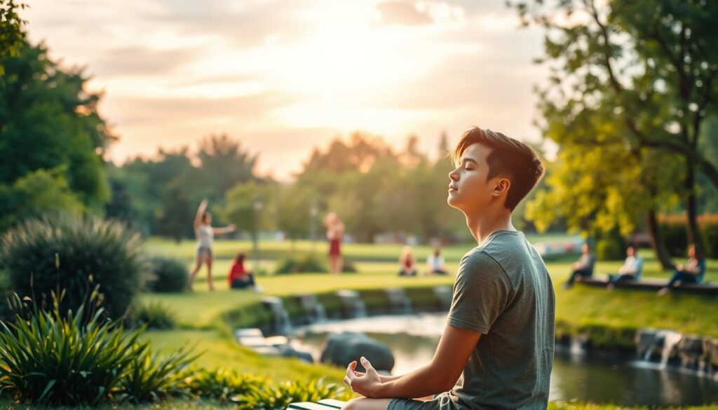 A serene outdoor setting, a park or garden, with lush greenery and a tranquil pond or stream. In the foreground, a young person sitting on a bench, eyes closed, deeply engaged in meditation or mindfulness practice. The middle ground features people of various ages enjoying gentle recreational activities such as reading, light stretching, or simply sitting and appreciating the natural surroundings. The background showcases a beautiful, golden-hour sky with soft, diffused lighting, creating a calming, restorative atmosphere. The scene conveys a sense of balance, rejuvenation, and the importance of prioritizing mental well-being amidst the demands of academic life.