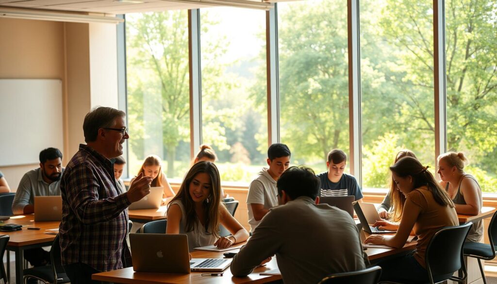 A serene, sun-dappled classroom where a diverse group of students engage in a hybrid learning experience. In the foreground, a teacher gestures animatedly, guiding a lively discussion. Behind them, some students intently follow the lesson on their laptops, while others collaborate at shared tables. Through the large windows, a verdant campus landscape bathes the scene in a warm, natural light. The atmosphere exudes a sense of collaborative exploration, blending the convenience of digital resources with the interpersonal dynamics of in-person learning.