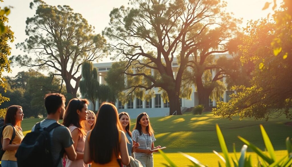 A serene university campus amid lush greenery, bathed in warm afternoon sunlight. In the foreground, a group of diverse students engaged in lively discussion, their faces alight with intellectual curiosity. The middle ground features a striking modern campus building, its clean, minimalist design symbolizing the progressive, forward-thinking nature of the "Merdeka Curriculum". In the background, towering trees sway gently, creating a sense of tranquility and connection to the natural world. The overall atmosphere conveys a spirit of academic freedom, collaboration, and holistic personal growth, reflecting the key benefits of the "Merdeka Curriculum" approach.
