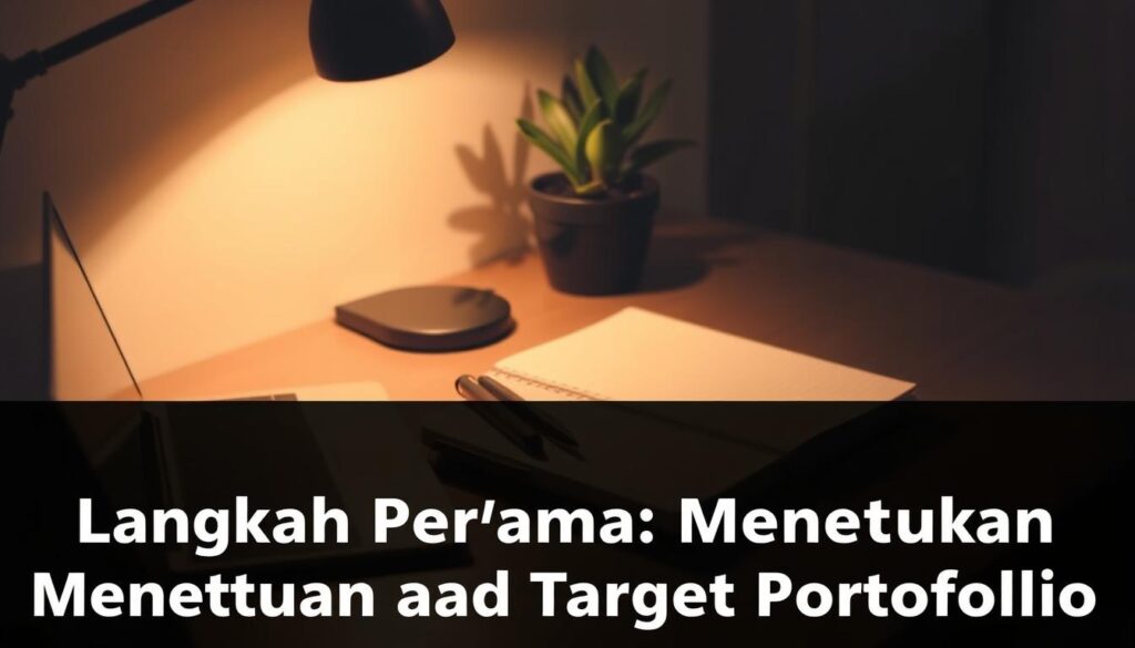A serene workspace with a sleek laptop, a tactile notebook, and a potted plant casting soft shadows. Warm lighting from a desk lamp creates a contemplative atmosphere, inviting the viewer to focus on the task at hand - defining clear goals and targets for a digital portfolio. The composition is balanced, with clean lines and a minimalist aesthetic. The overall mood is one of focus, determination, and a sense of purpose, reflecting the title "Langkah Pertama: Menentukan Tujuan dan Target Portofolio".