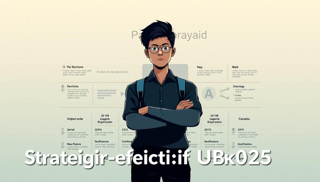 A sleek, minimalist illustration depicting the "Strategi Efektif UTBK 2025". In the foreground, a confident student stands, their gaze focused and determined. Behind them, a stylized representation of the UTBK exam structure unfolds, with key components like test sections and scoring metrics arranged in a clean, infographic-style layout. The background features a subtle gradient in calming tones, conveying a sense of focus and preparation. Precise lighting casts dramatic shadows, adding depth and a sense of professionalism to the scene. The overall mood is one of strategic planning, empowerment, and a clear path to success in the upcoming UTBK exams.