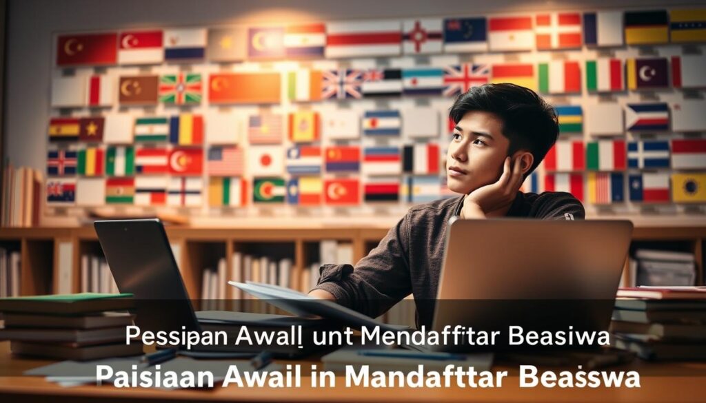 A student sitting at a desk, surrounded by books, laptop, and stationery, contemplating scholarship opportunities. Warm lighting illuminates the scene, casting a focused, determined atmosphere. In the background, a wall display showcases various flags, representing the diverse range of international study options. The composition emphasizes the preparation and research involved in the scholarship application process, conveying a sense of anticipation and diligence. The overall image reflects the "Persiapan Awal untuk Mendaftar Beasiswa" section, guiding viewers towards the careful planning required for successful scholarship applications.