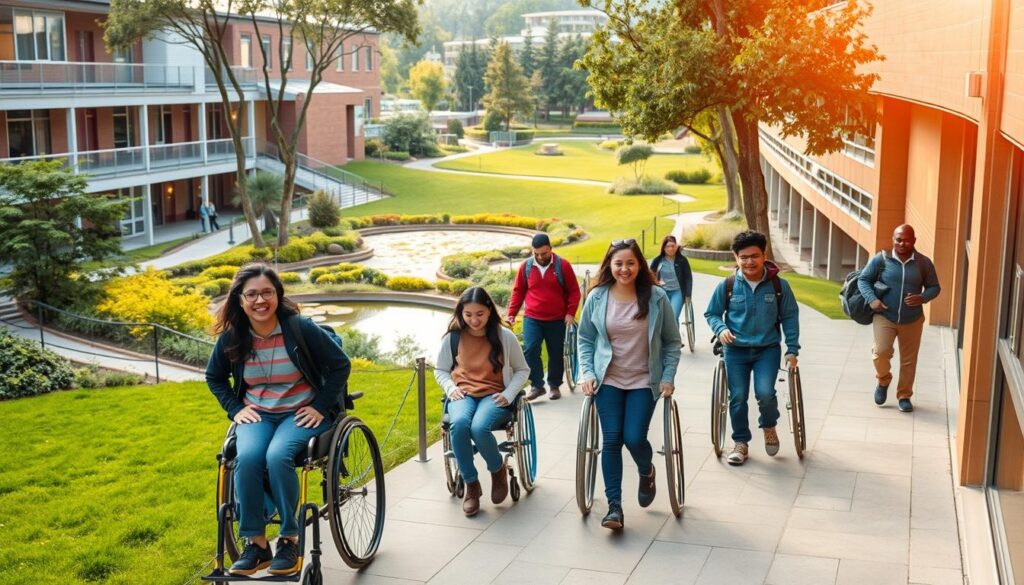 A university campus with accessible pathways, ramps, and elevators, designed to accommodate students with diverse abilities. In the foreground, a group of students with physical and cognitive disabilities engage in educational activities, their faces filled with joy and determination. The middle ground features inclusive lecture halls, laboratories, and recreational areas, all equipped with assistive technologies. In the background, a vibrant, verdant landscape with lush greenery and a serene pond, creating a tranquil, welcoming atmosphere. Warm, natural lighting casts a soft glow, highlighting the inclusivity and accessibility that permeates every aspect of this inclusive educational institution.