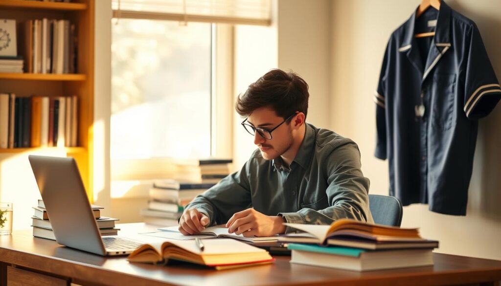 A university student diligently studying at a desk, surrounded by books and a laptop, while their part-time job uniform hangs nearby, representing the balance of academic and professional pursuits. Warm, natural lighting from a nearby window casts a soft glow, creating an atmosphere of focused productivity. The scene conveys the challenges and rewards of juggling coursework and a part-time occupation, a common experience for many college students seeking to gain practical work experience alongside their education.