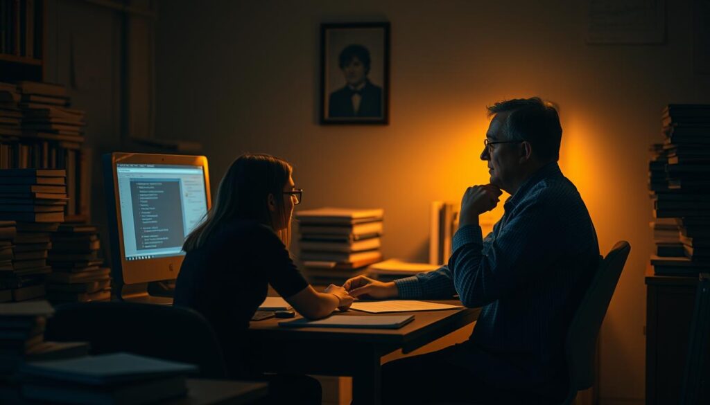 A university student sits at a desk, intently discussing a research topic with their professor. The dimly lit office is filled with the glow of a computer screen and the professor's thoughtful expression. Stacks of books and papers surround them, creating an atmosphere of academic focus. Soft, warm lighting casts subtle shadows, emphasizing the earnest collaboration as they work to refine the student's thesis idea. The scene conveys a sense of mentorship, with the professor guiding the student through the initial research phase of their academic journey.