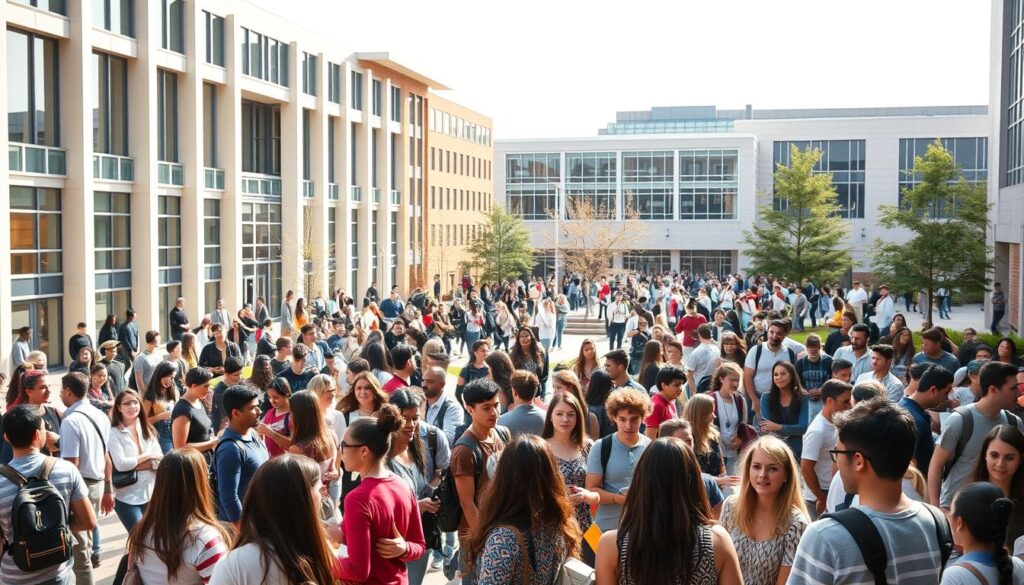 A vibrant, bustling college campus scene. In the foreground, students engaged in lively discussions, collaborating on projects, and exchanging ideas. The middle ground features a diverse array of student organizations and clubs, their members animatedly participating in various activities. In the background, modern university buildings with clean lines and large windows, conveying a sense of academia and intellectual rigor. The lighting is natural, with soft, diffused sunlight filtering through, creating a warm, inviting atmosphere. The overall mood is one of energy, curiosity, and the excitement of new opportunities and connections being forged.
