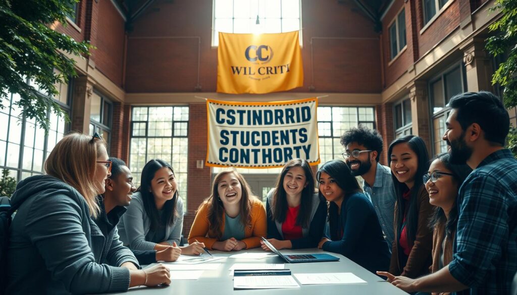 A vibrant campus scene showcasing a student organization meeting. In the foreground, a group of engaged students gathered around a table, discussing ideas animatedly. Diverse individuals from various backgrounds, their expressions exuding passion and camaraderie. In the middle ground, the organizational banner hangs proudly, highlighting the group's identity and purpose. The background features the university's iconic architecture, with sunlight streaming through the windows, creating a warm, inviting atmosphere. The lighting is soft and natural, capturing the energy and collaborative spirit of the student organization. The camera angle is slightly elevated, providing an inclusive, bird's-eye view of the scene.