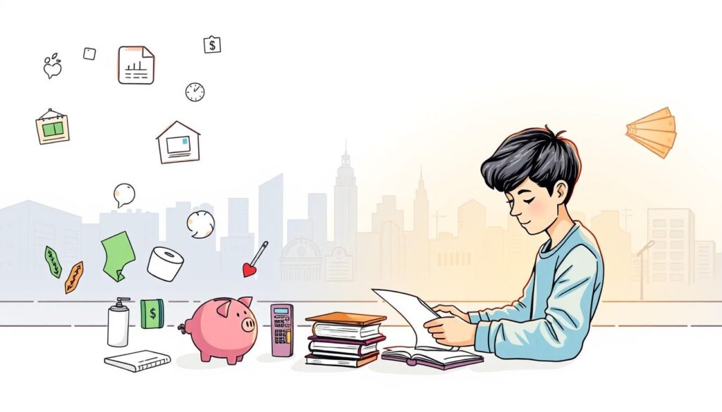 A vibrant, hand-drawn illustration depicting effective strategies for managing a student's pocket money. In the foreground, a young adult is carefully organizing their finances, surrounded by colorful icons representing budgeting, saving, and spending wisely. The middle ground showcases various financial tools like a piggy bank, calculator, and notebook, symbolizing the importance of tracking expenses. In the background, a minimalist cityscape provides a serene, contemplative atmosphere, emphasizing the tranquility that comes with financial responsibility. The scene is illuminated by soft, warm lighting, conveying a sense of focus and determination. The overall composition communicates a practical, yet visually engaging approach to managing a student's limited resources effectively.