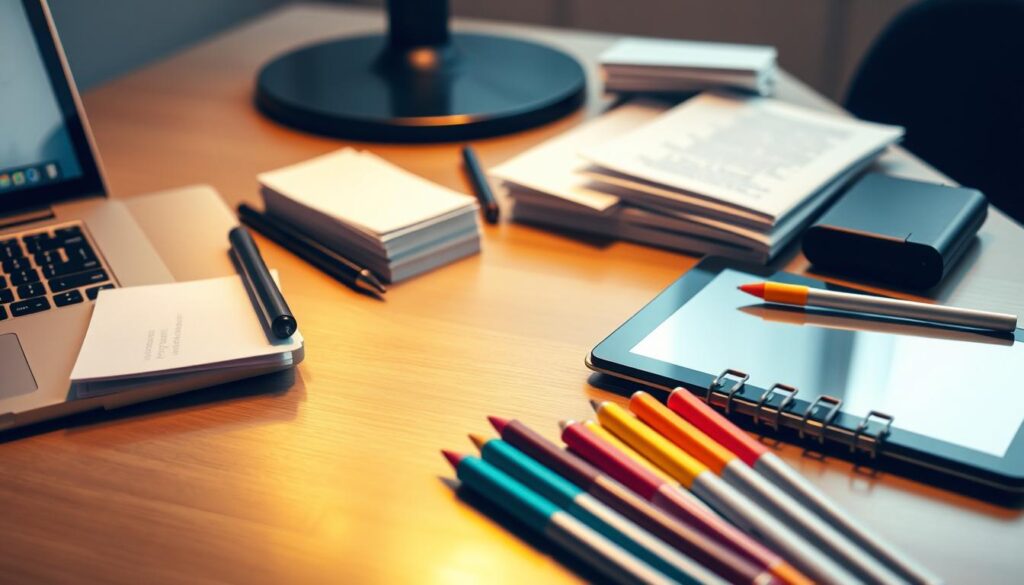 A well-lit office desk displaying a range of presentation support materials, including a laptop, a tablet with stylus, a stack of note cards, a laser pointer, and a neatly organized array of colorful markers and highlighters. The scene conveys a sense of preparedness and professionalism, with a warm, focused lighting that creates a subtle, inviting atmosphere. The placement of the items suggests a thoughtful, strategic approach to utilizing these tools to enhance a captivating and effective presentation.