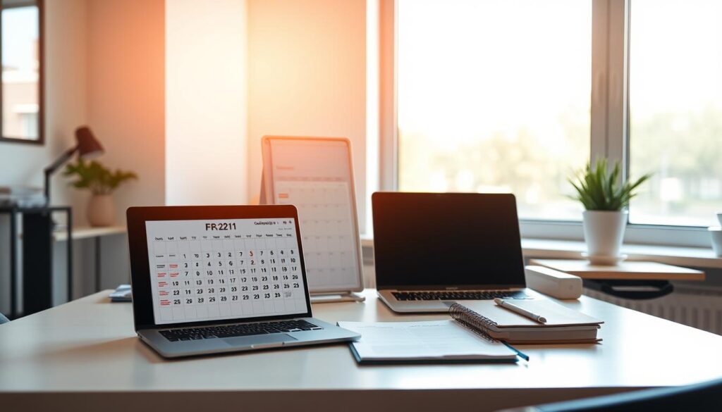 A well-organized office desk with a laptop, calendar, and planner, illuminated by warm, natural lighting from a large window. The scene conveys a sense of productivity and time management, with a clean, minimalist aesthetic. The calendar and planner display a clear structure, highlighting the importance of scheduling and prioritizing tasks. The laptop suggests the integration of digital tools to optimize workflow. The overall atmosphere is one of focused efficiency, inspiring the viewer to emulate these practices for a successful organizational experience.
