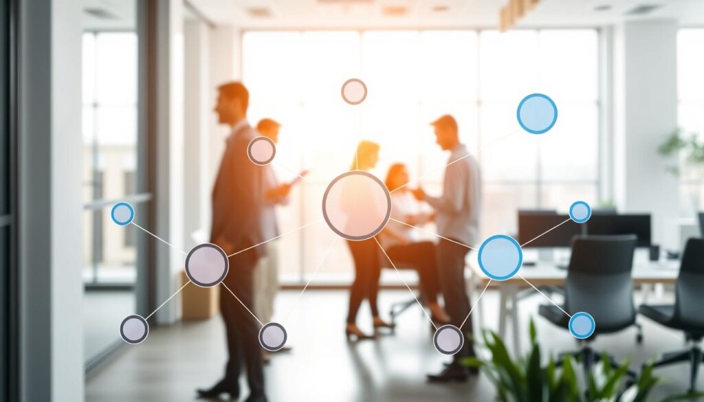 A vibrant, well-designed network referral strategy diagram set against a backdrop of a modern, minimalist office environment. In the foreground, a series of interconnected nodes represent the referral system, with clear lines and arrows guiding the viewer's eye through the process. The middle ground features a team of professionals collaborating, each with their own device or screen, symbolizing the collaborative nature of the referral program. The background showcases a clean, airy workspace with a large window, letting in natural light and creating a sense of openness and opportunity. The overall mood is one of efficiency, productivity, and growth, with a sleek, professional aesthetic that aligns with the subject matter.