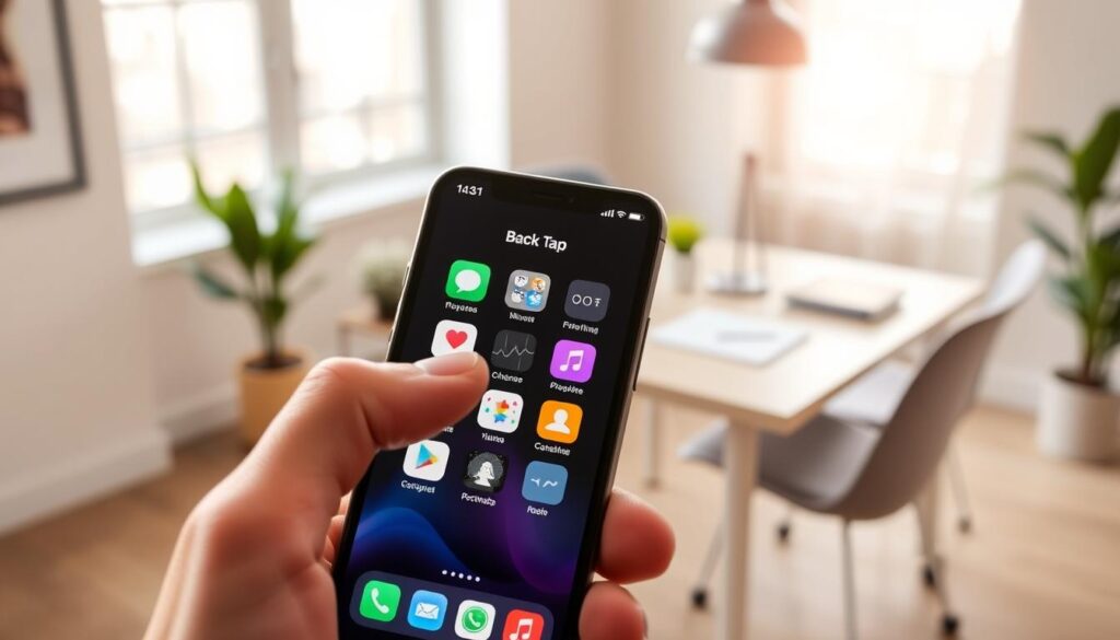 A close-up view of a modern iPhone displaying the Back Tap feature interface with vibrant app icons, showcasing the user-friendly accessibility settings. The foreground features a hand gently tapping the back of the iPhone, evoking a sense of ease and interaction. The middle ground includes a soft-focus view of a stylish workspace, with a sleek desk and minimalistic decor, highlighting a contemporary lifestyle. In the background, soft natural lighting filters through a window, creating an inviting atmosphere that encourages exploration of technology. The image captures a professional yet relaxed mood, emphasizing innovation in mobile usability, ensuring all elements are tidy and visually harmonious without any text or distractions.