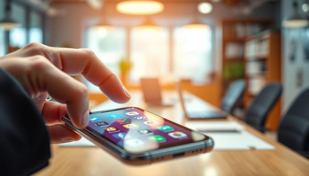 A close-up view of a modern smartphone, showcasing the Back Tap feature in a vibrant, high-tech setting. The smartphone screen displays a visual representation of app icons being accessed through Back Tap, with a finger gently tapping the back of the device. In the foreground, a hand wearing professional attire engages with the phone, emphasizing usability. The middle ground features soft, ambient light reflecting off the device, creating a sense of sophistication and modernity. The background captures a blurred office environment that hints at productivity, with soft focus on tech gadgets and bookshelves. The overall mood conveys an efficient and secure use of technology, highlighting the balance between usability and security in a professional context.