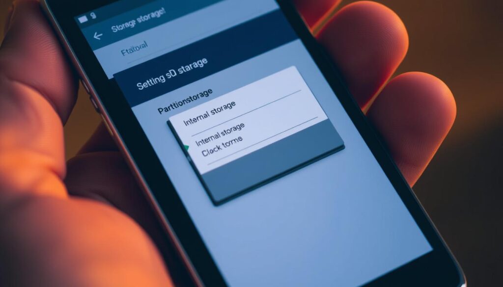A close-up view of an Android smartphone with a partitioned SD card, showcasing the process of setting it up as internal storage. The screen displays the storage management interface, with clear visual cues and intuitive menu options. The device is held in a hand, casting a soft, natural shadow, illuminated by warm, ambient lighting that enhances the tactile quality of the materials. The composition emphasizes the seamless integration of the SD card into the device, conveying the simplicity and convenience of this storage expansion method, without distracting text or overlays.