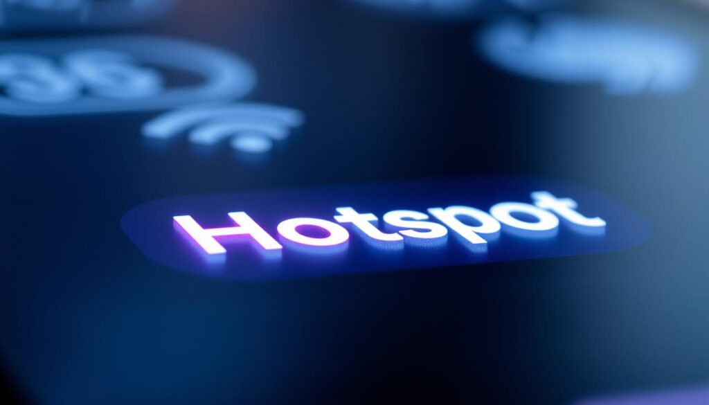 A detailed close-up of a glowing "Hotspot" icon displayed on a sleek, modern smartphone screen. The icon is vibrant and luminous, with sharp edges and a crisp, high-resolution appearance. The screen is subtly reflective, creating a sense of depth and dimension. The lighting is soft and diffused, highlighting the icon's radiant qualities. The background is slightly blurred, keeping the focus on the "Hotspot" icon as the central point of interest. The overall mood is one of technological sophistication and visual clarity, reflecting the section title "Uji hasil, optimasi tampilan, dan pemecahan masalah".