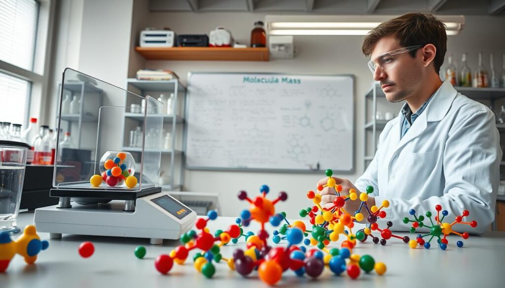 A detailed laboratory scene illustrating the process of calculating molecular mass (Mr). In the foreground, a scientist in a white lab coat, wearing safety goggles, is meticulously weighing various compounds on an electronic balance. Beside them, colorful molecular models made of plastic are arranged neatly, showcasing the different atoms involved. In the middle, a large whiteboard filled with chemical formulas and diagrams of molecular structures captures the viewer's eye. The background features shelves stocked with glassware and lab equipment under bright, fluorescent lighting that highlights the professionalism of the setting. The overall mood is educational and engaging, inspiring curiosity about chemistry, with depth created through a slightly angled perspective. The composition focuses on clarity and organization, ensuring an informative visual experience.