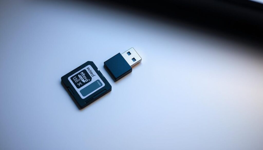 A high-angle view of a computer desk, with a microSD card and a USB adapter prominently displayed on the surface. The card's casing is partially open, revealing the internal components. The lighting is soft and diffused, creating a calm, focused atmosphere. The background is blurred, emphasizing the card and adapter as the main subjects. The composition suggests a tutorial or guide on partitioning a microSD card for increased storage. Technical details, such as the brand and model of the card and adapter, are clearly visible, conveying the instructional nature of the image.