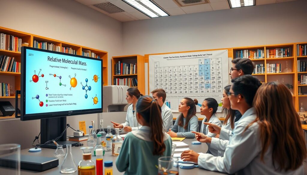 A scientific classroom setting focused on chemistry education, depicting a diverse group of students, including a male teacher, engaged in an interactive lesson on relative molecular mass. In the foreground, a digital display showing colorful molecular models and formulas related to relative molecular mass. In the middle, students are examining molecular structures using lab equipment, with some writing notes, and others pointing at the display. The background features bookshelves filled with chemistry textbooks, a large periodic table on the wall, and laboratory glassware. Bright, warm lighting creates an inviting atmosphere, and the scene is captured from a slightly elevated angle to provide a comprehensive view of the classroom environment. The overall mood is one of curiosity and enthusiasm for learning.