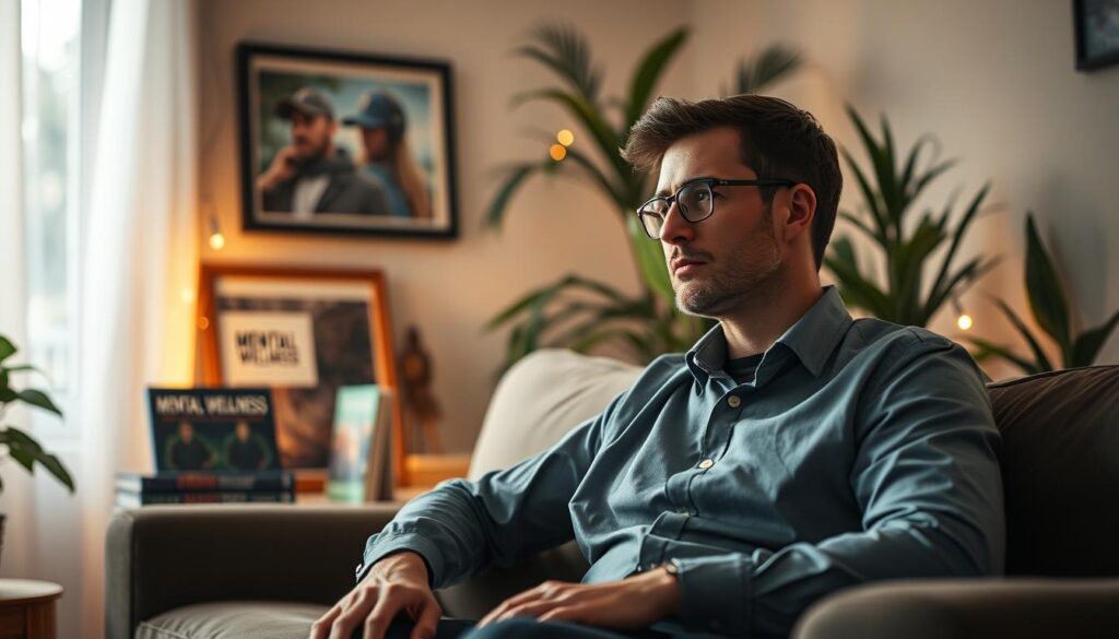 A contemplative former professional player sits on a comfortable sofa in a cozy, softly lit living room, reflecting on their journey. In the foreground, they wear casual yet smart attire, gazing thoughtfully out of a window. The middle ground features framed photos of their gaming achievements on a shelf, alongside a few mental wellness books, symbolizing their transition from passion to the challenges of mental health. The background is softly blurred, showing soothing plant life and warm ambient light filtering through, creating a harmonious and introspective atmosphere. The overall mood is one of reflection and vulnerability, portraying the long-term impact of their professional gaming career on mental well-being.