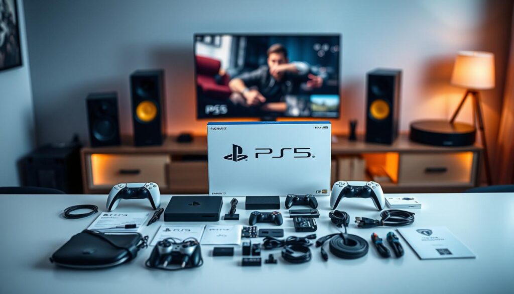 A detailed flat lay composition of a PS5 Development Kit box, elegantly arranged on a sleek, modern tabletop. In the foreground, showcase the contents of the box, including the PS5 dev kit, controllers, and a variety of cables and documentation, all neatly displayed. In the middle ground, add a soft-focus background featuring a contemporary gaming setup with ambient lighting that casts a warm glow. The overall atmosphere should convey professionalism and high-tech innovation, with a slight cinematic feel. Use a shallow depth of field to emphasize the box contents, while light pours in from the side, highlighting the textures of the materials. Aim for a clean, organized look with a hint of excitement for gaming technology.