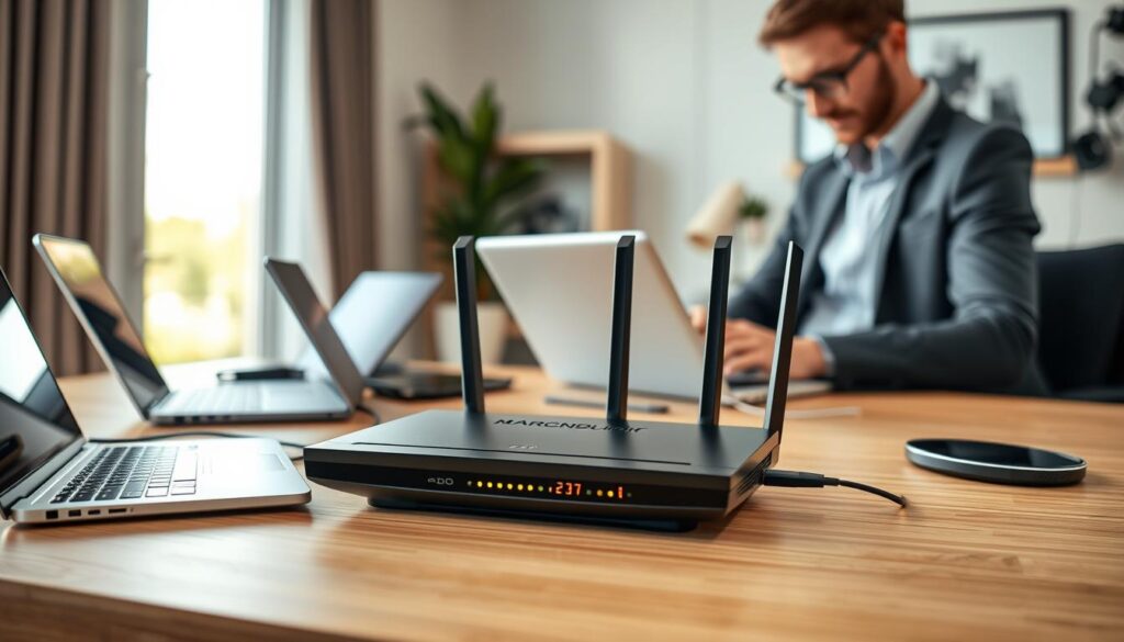 A modern home office setup featuring a sleek router on a stylish desk, with multiple devices like laptops and smartphones connected to it. In the foreground, a person in smart casual attire is adjusting the router settings on a laptop, focusing on a technical interface. The middle of the image showcases the router with glowing status lights, indicating optimal performance. In the background, a bright window allows natural light to flood the room, creating a warm and productive atmosphere. Use a shallow depth of field to draw attention to the router and the person, while soft bokeh effects enhance the sense of depth. The overall mood should convey efficiency, technology, and a sense of well-being within a smart living space. A modern home office setup featuring a sleek router on a stylish desk, with multiple devices like laptops and smartphones connected to it. In the foreground, a person in smart casual attire is adjusting the router settings on a laptop, focusing on a technical interface. The middle of the image showcases the router with glowing status lights, indicating optimal performance. In the background, a bright window allows natural light to flood the room, creating a warm and productive atmosphere. Use a shallow depth of field to draw attention to the router and the person, while soft bokeh effects enhance the sense of depth. The overall mood should convey efficiency, technology, and a sense of well-being within a smart living space.