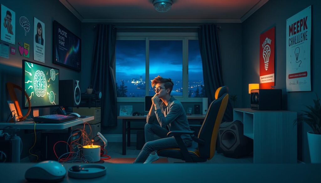 A serene yet vibrant esports gaming environment depicting the mental health challenges faced by professional players. In the foreground, a thoughtful young gamer sits at a cluttered desk, wearing focused expression, dressed in comfortable yet professional casual attire. They are surrounded by colorful gaming peripherals and a glowing computer screen, showcasing an intense gameplay scene. In the middle ground, various elements symbolize mental health, such as brain imagery and supportive icons like a heart and a light bulb. The background features a dimly lit room with motivational posters on the walls and a window revealing a serene night view, adding a sense of isolation. Soft, warm lighting creates an inviting atmosphere while casting gentle shadows, enhancing the mood of contemplation and resilience.