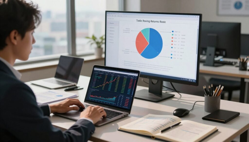 A strategic financial analysis scene focused on staking coins, featuring a professional businessperson seated at a modern desk cluttered with graphs, charts, and digital devices. In the foreground, a laptop displays a dashboard of various cryptocurrency statistics, and an open notebook filled with calculations is nearby. In the middle, a large screen shows a presentation slide with a pie chart illustrating staking returns and risks. The background features a bright office window with a cityscape view, symbolizing growth and investment potential. The lighting is warm and inviting, casting soft shadows that create a serious yet hopeful atmosphere. The overall mood conveys diligence and careful consideration in the investment process.