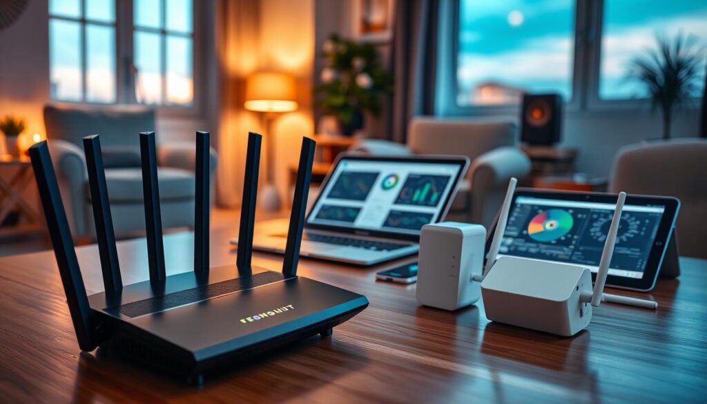 A well-equipped home office setting with various WiFi supporting devices prominently displayed. In the foreground, a sleek router with multiple antennas, glowing LED indicators, and a compact WiFi range extender lies on a polished wooden desk. The middle ground features a laptop with an open interface showing network settings and a tablet displaying network coverage maps. In the background, a cozy room illuminated by warm, soft lighting, with a comfortable chair and a large window revealing a clear sky. The atmosphere should convey a sense of modern technology harmoniously integrated into home life, emphasizing connectivity and optimal WiFi performance. The perspective should be slightly angled to capture the depth of the room while keeping the focus on the devices. A well-equipped home office setting with various WiFi supporting devices prominently displayed. In the foreground, a sleek router with multiple antennas, glowing LED indicators, and a compact WiFi range extender lies on a polished wooden desk. The middle ground features a laptop with an open interface showing network settings and a tablet displaying network coverage maps. In the background, a cozy room illuminated by warm, soft lighting, with a comfortable chair and a large window revealing a clear sky. The atmosphere should convey a sense of modern technology harmoniously integrated into home life, emphasizing connectivity and optimal WiFi performance. The perspective should be slightly angled to capture the depth of the room while keeping the focus on the devices.