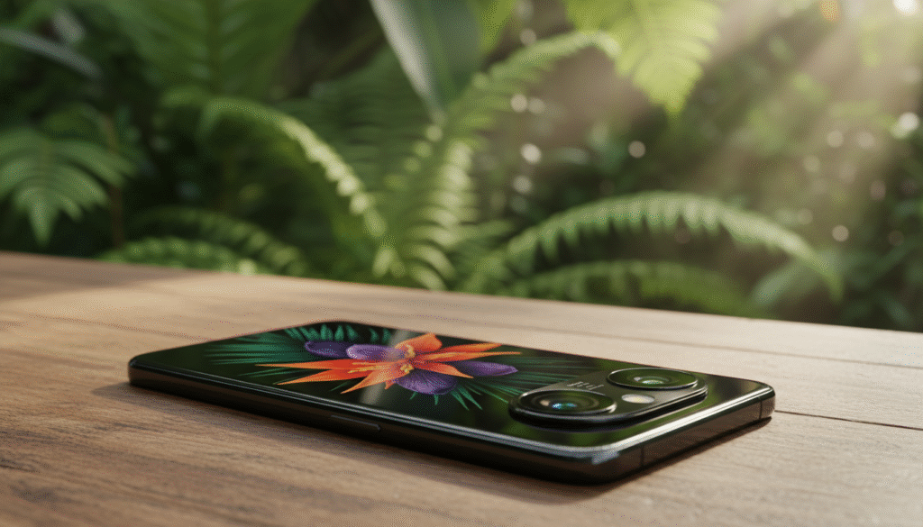 A sleek and modern Xiaomi smartphone positioned on a wooden table, showcasing its advanced camera features. In the foreground, the focus is on the phone, displaying vibrant colors and a sharp lens, reflecting a high-quality build. The middle ground features a soft-focus background of nature, with lush greenery and a hint of sunlight filtering through leaves, creating a warm and inviting atmosphere. The scene is illuminated with natural light, emphasizing the phone's camera capabilities, suggesting a perfect blend of technology and nature. The angle is slightly elevated, accentuating the phone's ergonomic design, and evoking a sense of innovation and creativity, ideal for photography enthusiasts.