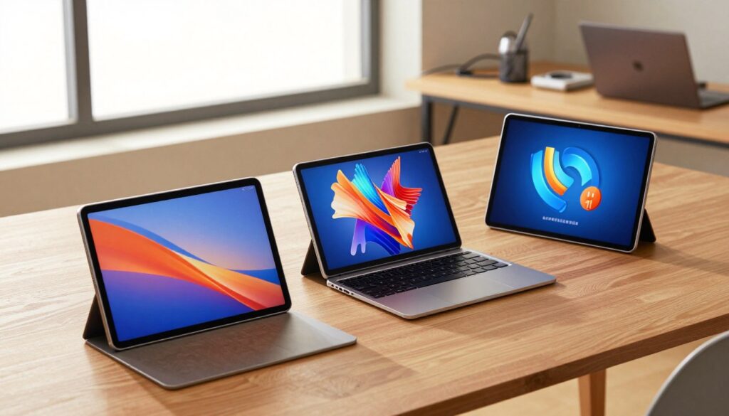 A sleek, modern tablet set against a minimalist workspace, highlighting its mid-range performance features. In the foreground, a Samsung Tab S9 FE, Xiaomi Pad 7, and OPPO Pad 3 are elegantly arranged on a wooden desk, showcasing their unique designs and colors. The tablets are illuminated by soft, diffused natural light coming from a large window, creating a warm and inviting atmosphere. In the middle background, a subtle blur of a tech-savvy workspace with wires, a laptop, and accessories enhances the technological vibe. The image is captured from a slight overhead angle, emphasizing the tablets’ screens displaying vibrant performance benchmarks. The mood is professional yet approachable, reflecting modern technology's role in everyday life.