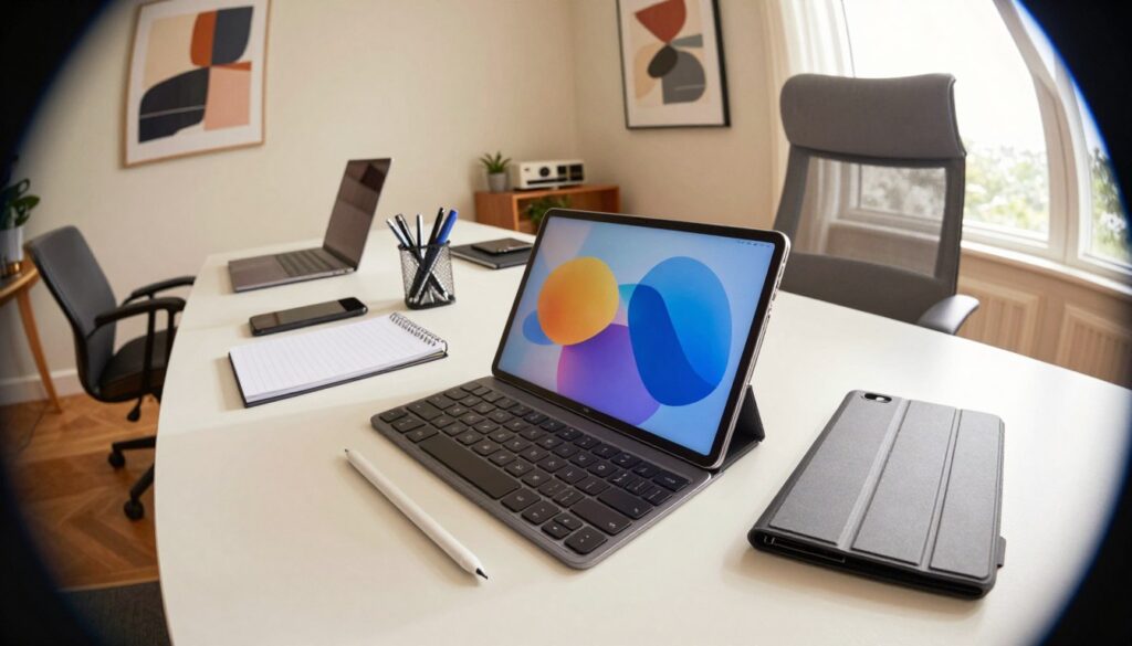 A sleek tablet setup showcasing productivity accessories, with a modern Samsung Tab S9 FE prominently displayed in the foreground. Surround the tablet with a wireless keyboard, a stylus, and a sleek protective case. In the middle ground, include a stylish desk organizer holding essential items like pens and a notepad, set against a minimalist desk with a laptop and smartphone. In the background, a well-lit home office environment featuring abstract art on the walls and a comfortable ergonomic chair. The scene is bright and inviting, with warm natural light streaming from a nearby window, creating a professional yet relaxed atmosphere. Use a fisheye lens perspective to capture the breadth of the setting while keeping the focus on the tablet and accessories, embodying productivity and efficiency.